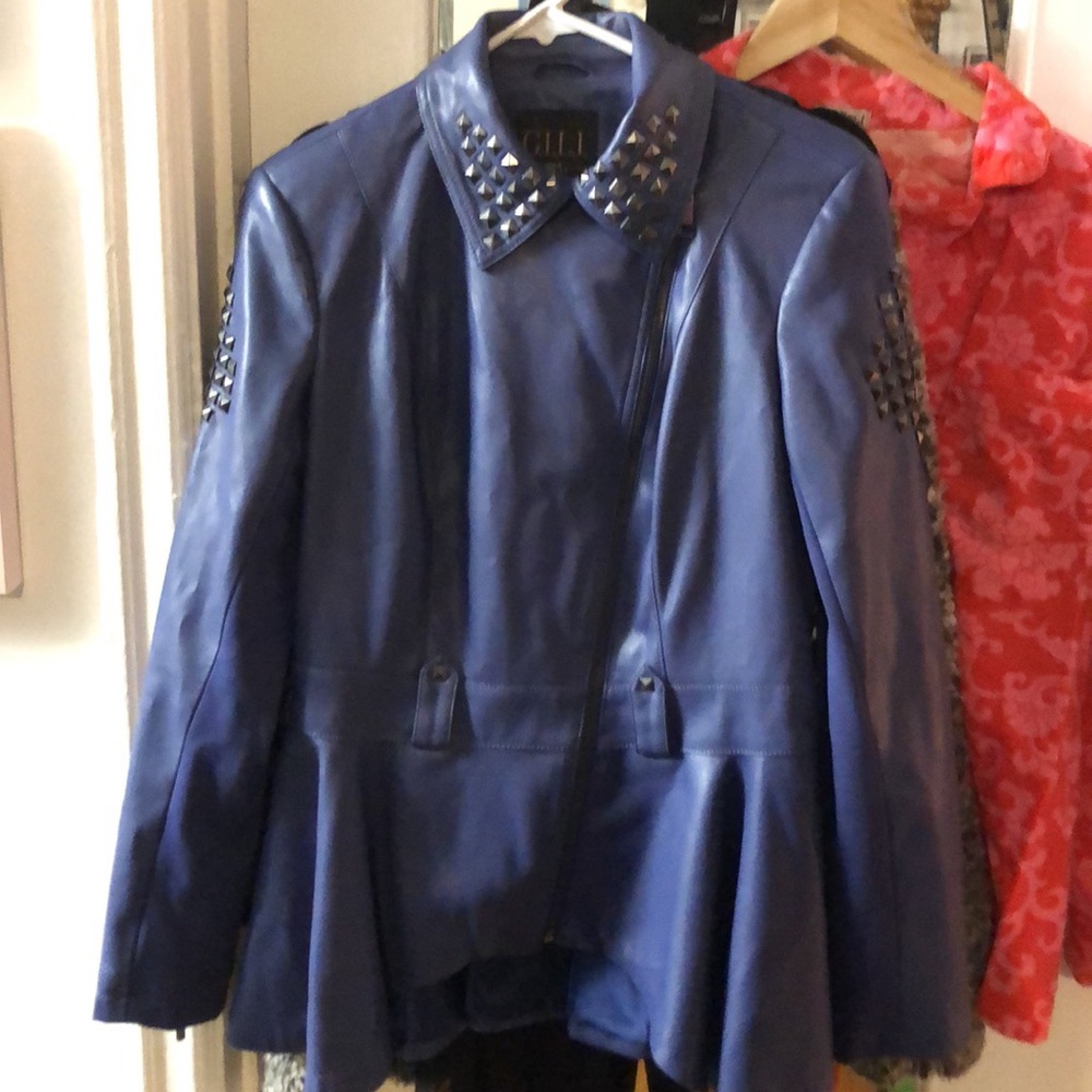 Ladies Rayon Polyester Purple Jacket with black, squared rivets.
